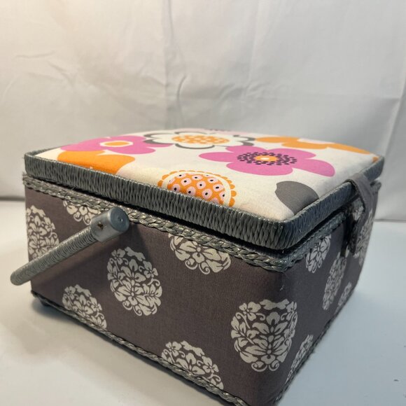Sewing Box Basket Square Gray Pink Floral Padded Snap Closure Plastic Insert - Picture 2 of 10